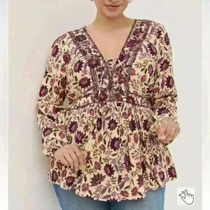 Torrid Babydoll Rayon Crepe Embroidered Lace-Up Top Size 3